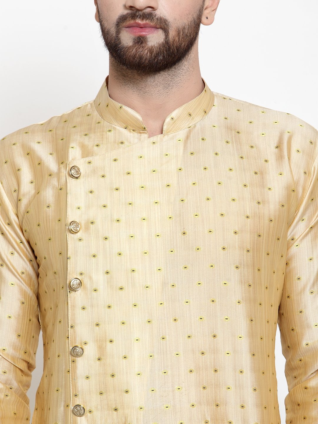 Jompers Men Mustard & Golden Self Design Kurta with Churidar