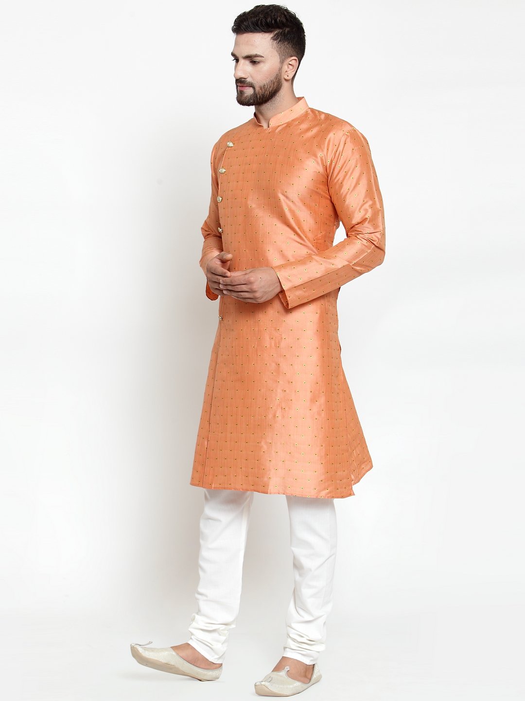 Jompers Men Peach & Golden Self Design Kurta with Churidar