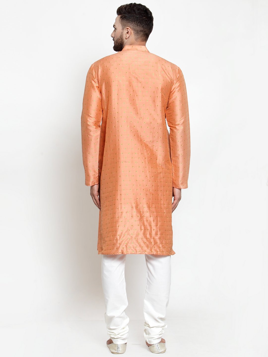 Jompers Men Peach & Golden Self Design Kurta with Churidar