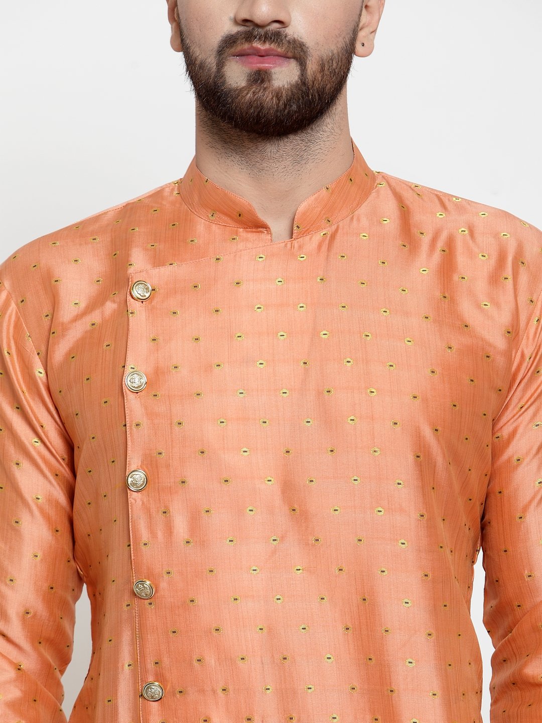 Jompers Men Peach & Golden Self Design Kurta with Churidar