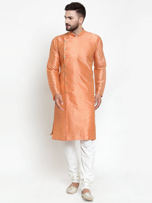 Jompers Men Peach & Golden Self Design Kurta with Churidar