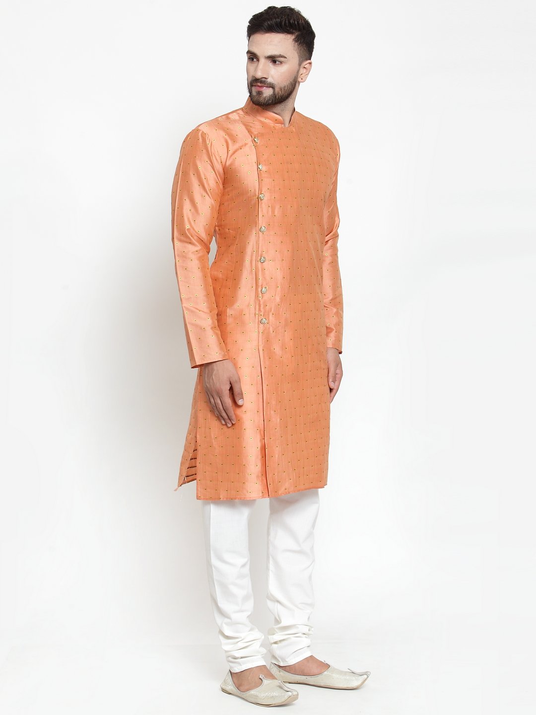 Jompers Men Peach & Golden Self Design Kurta Only