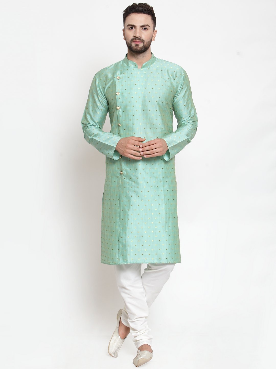 Jompers Men Sky-Blue & Golden Self Design Kurta Only