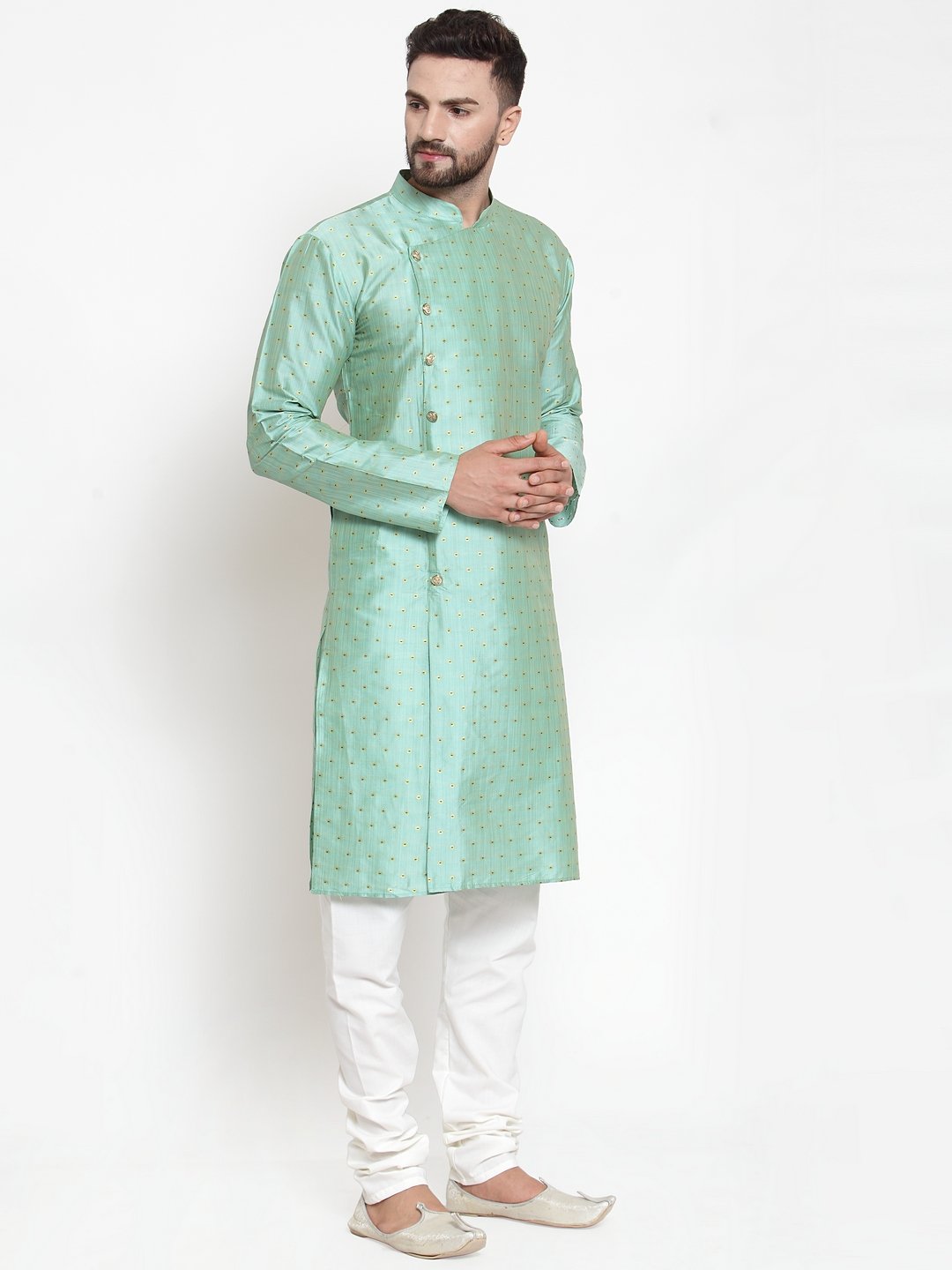 Jompers Men Sky-Blue & Golden Self Design Kurta with Churidar