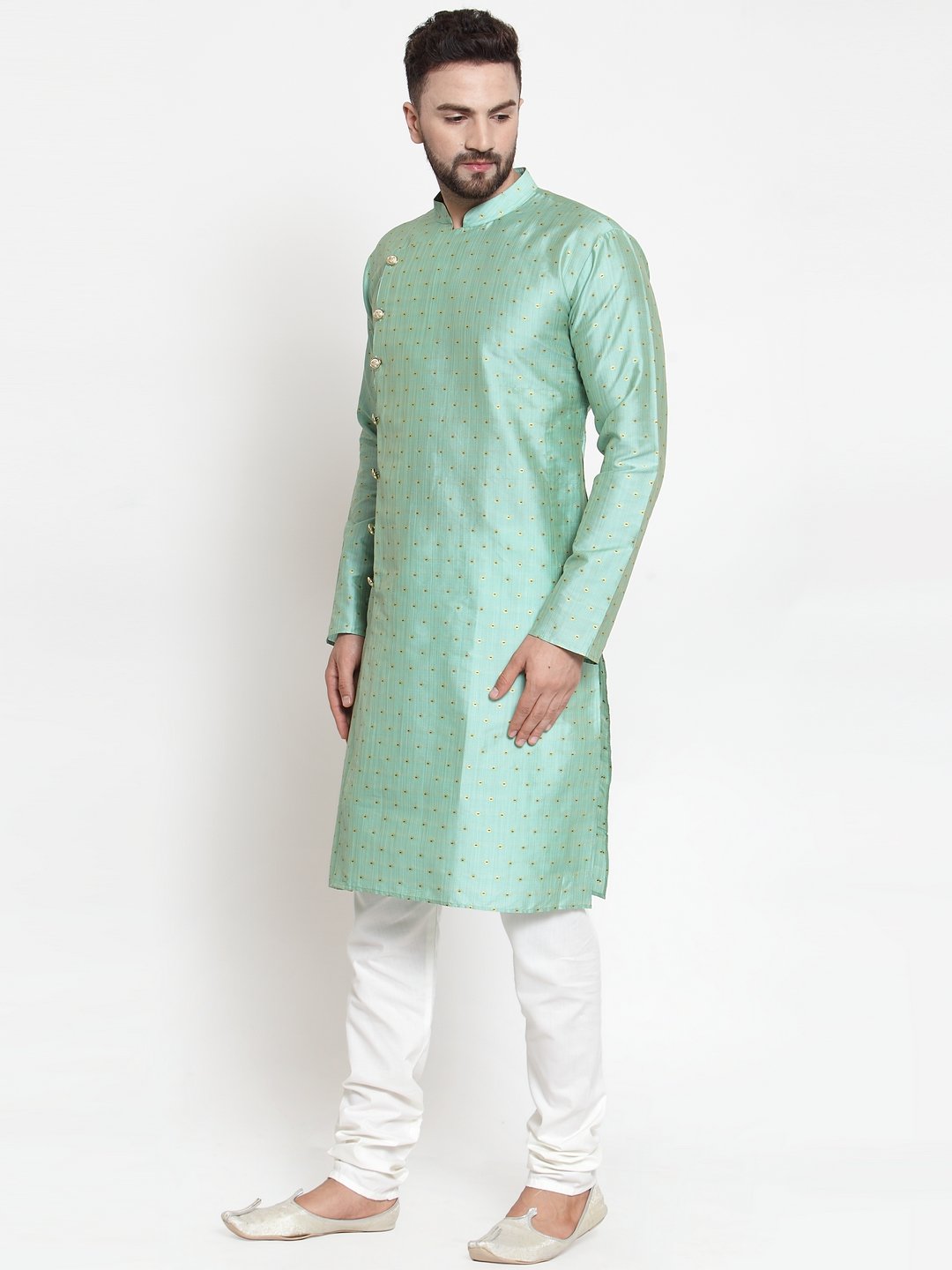 Jompers Men Sky-Blue & Golden Self Design Kurta with Churidar