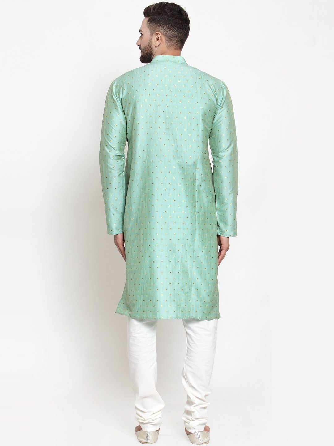 Jompers Men Sky-Blue & Golden Self Design Kurta with Churidar