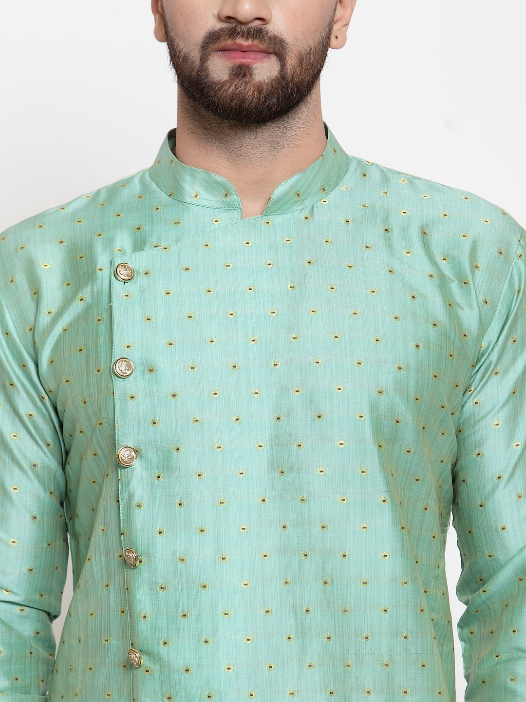 Jompers Men Sky-Blue & Golden Self Design Kurta with Churidar