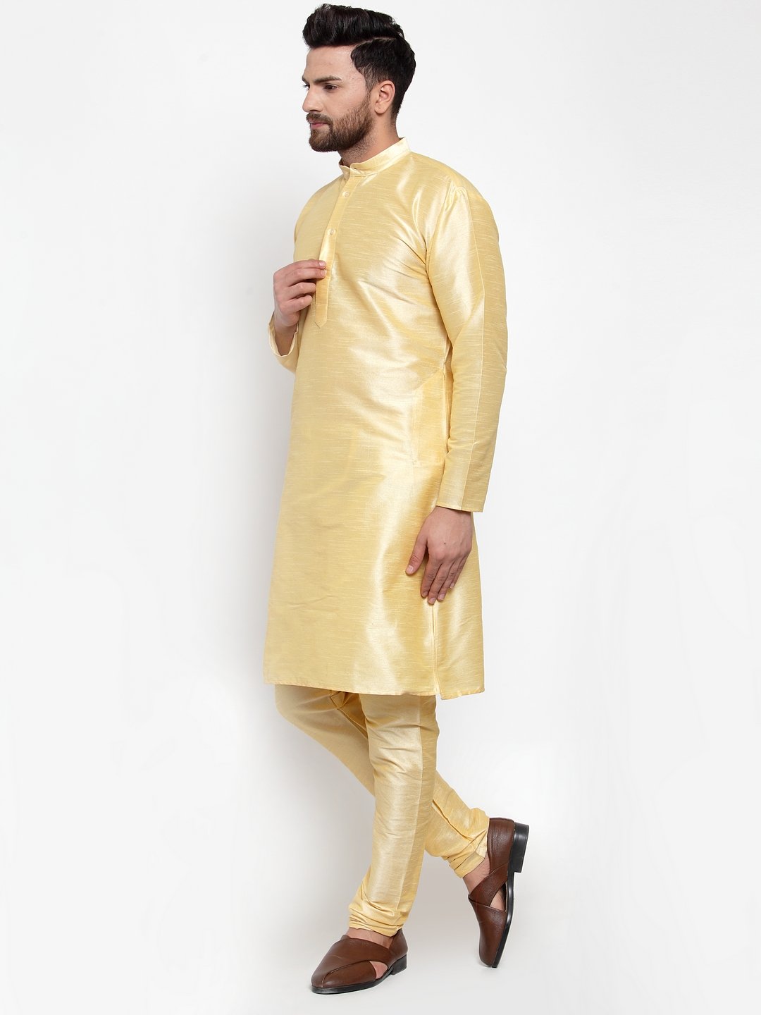 Jompers Men Golden Solid Kurta with Churidar