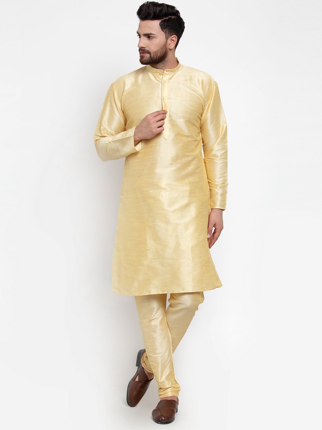 Jompers Men Golden Solid Kurta with Churidar