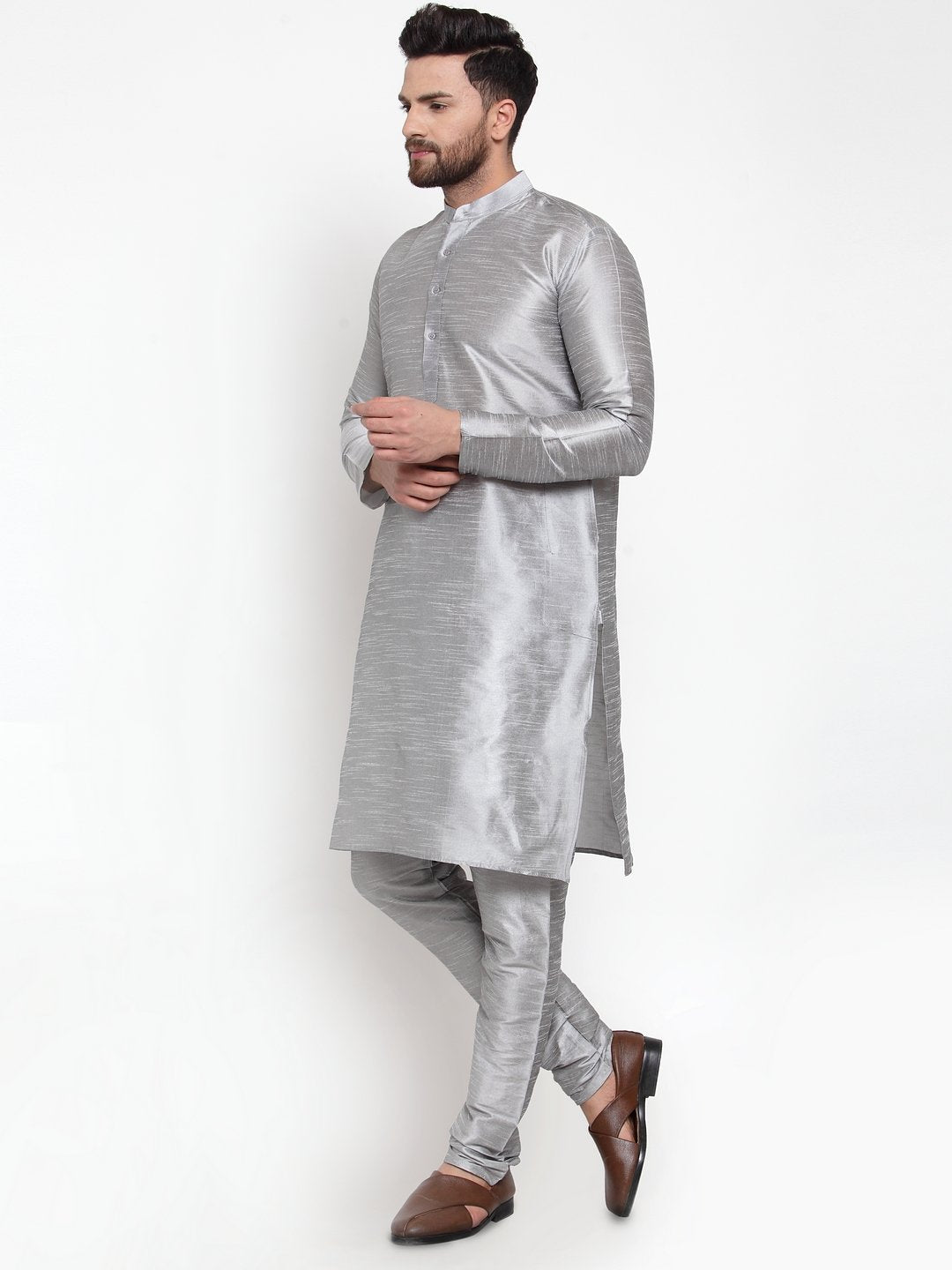 Jompers Men Silver Solid Kurta with Churidar