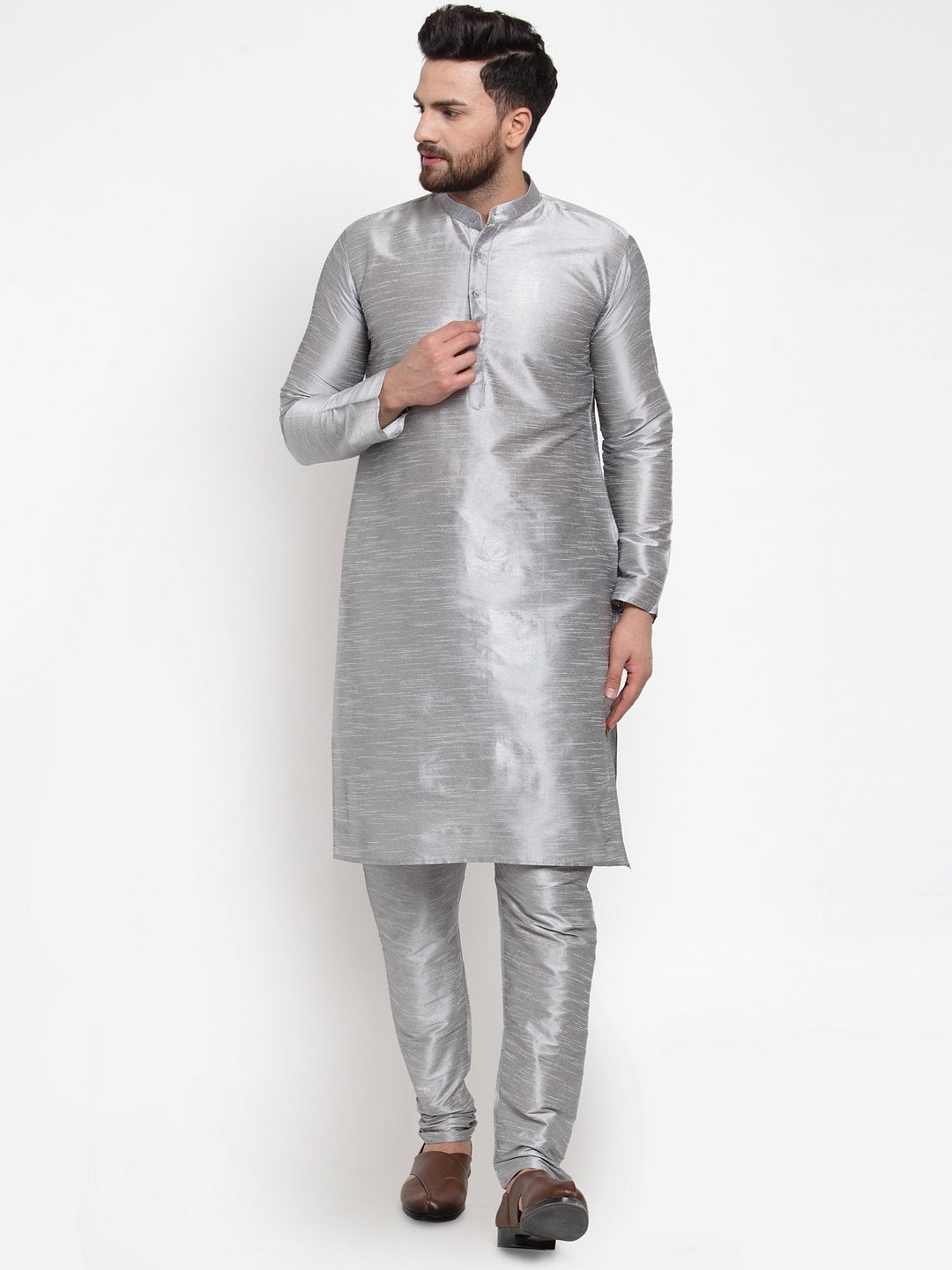 Jompers Men Silver Solid Kurta with Churidar