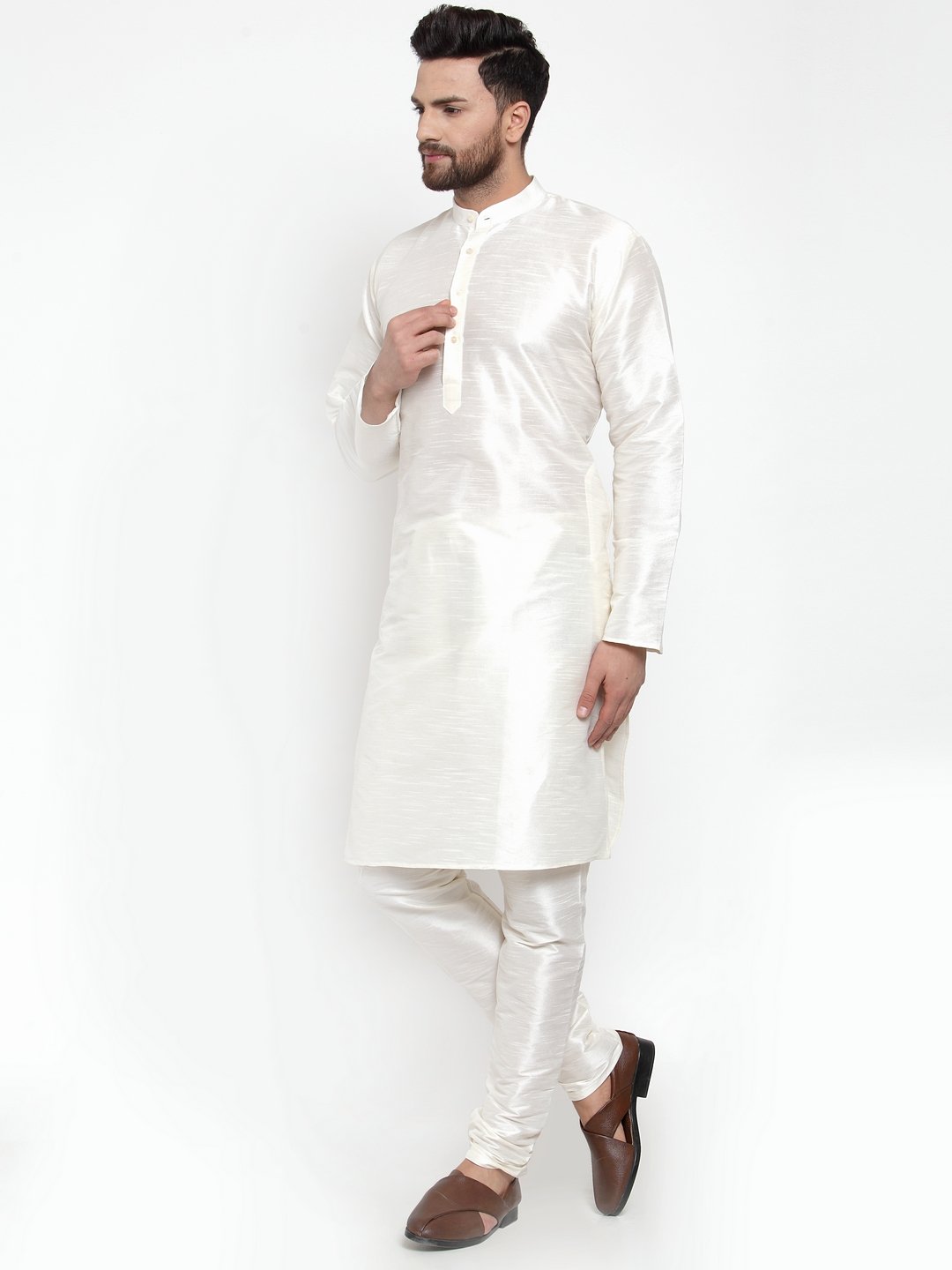 Jompers Men White Solid Long Sleeves Kurta with Churidar