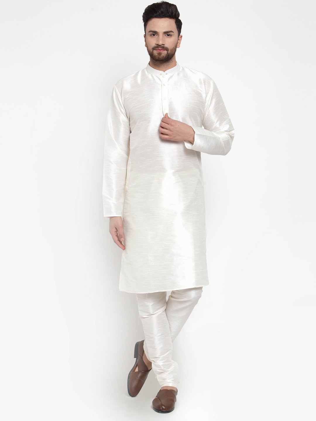 Jompers Men White Solid Long Sleeves Kurta with Churidar