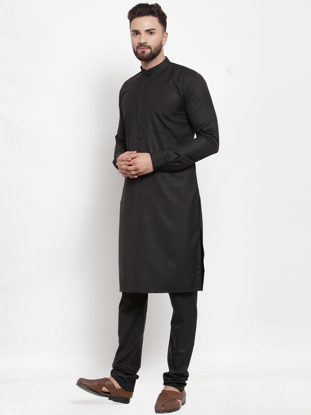Jompers Men Black Solid Mandarin Collar Kurta with Churidar 