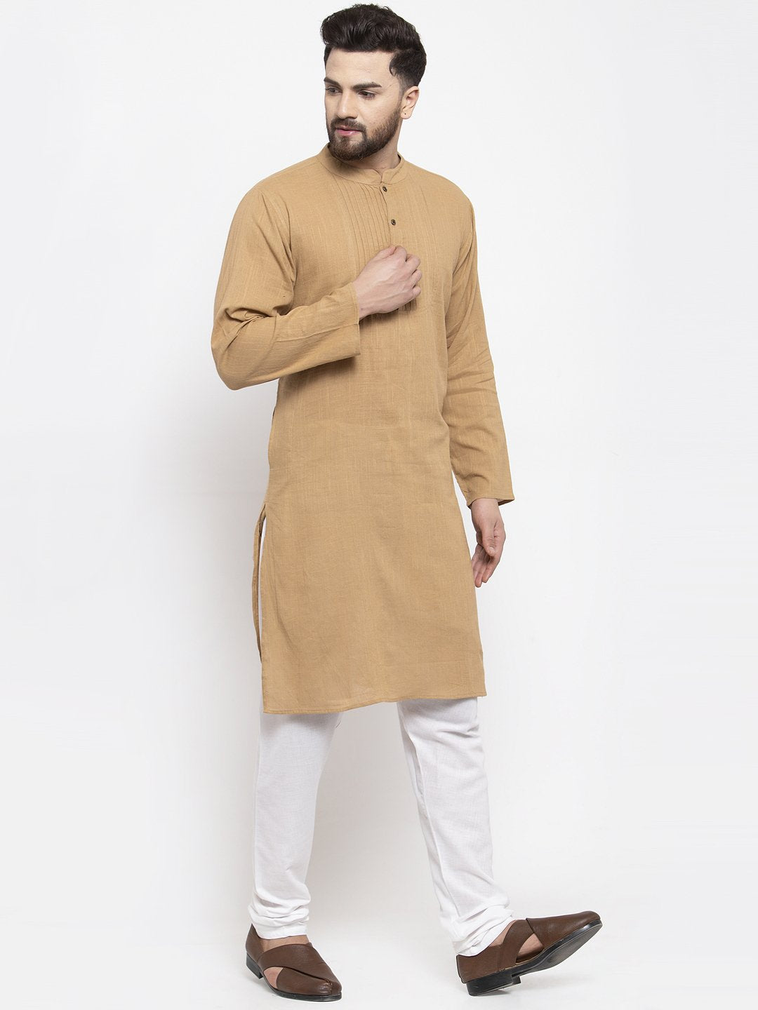 Jompers Men Beige & White Solid Pin-tucks Kurta Only
