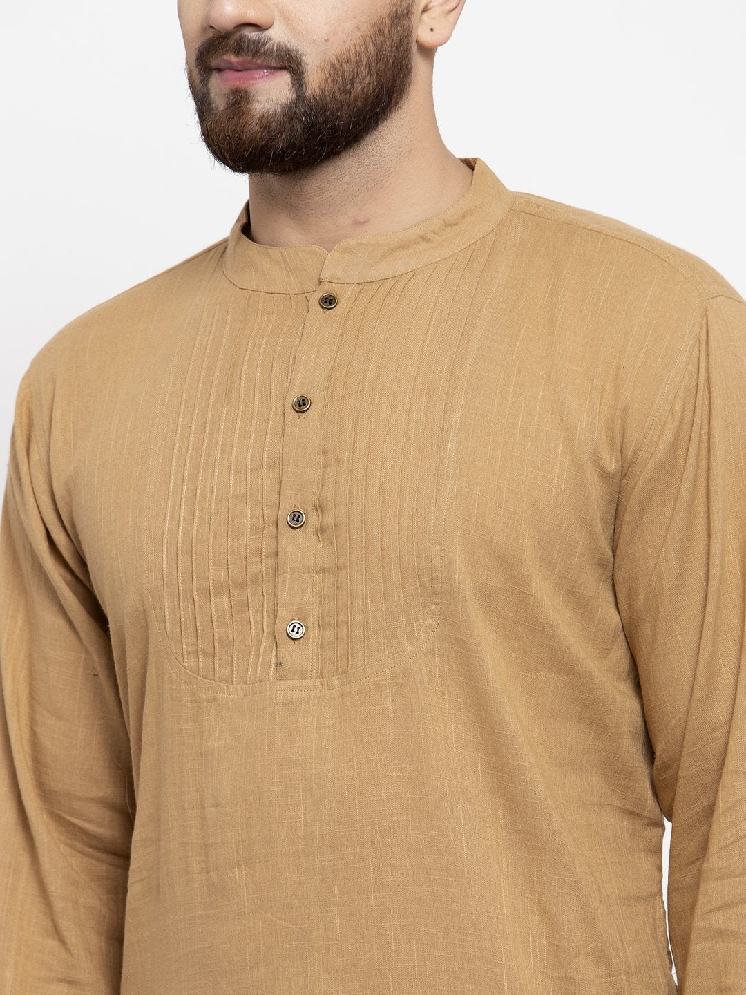Jompers Men Beige & White Solid Pin-tucks Kurta Only
