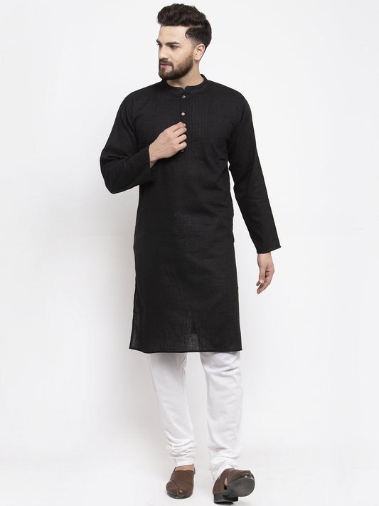 Jompers Men Black & White Solid Pin-tucks Kurta with Churidar