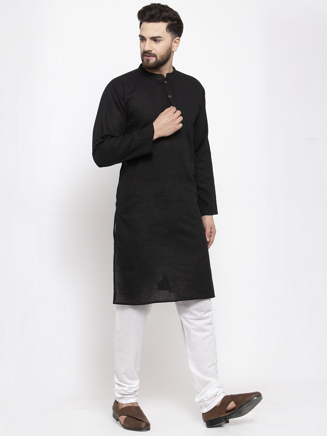 Jompers Men Black & White Solid Pin-tucks Kurta with Churidar