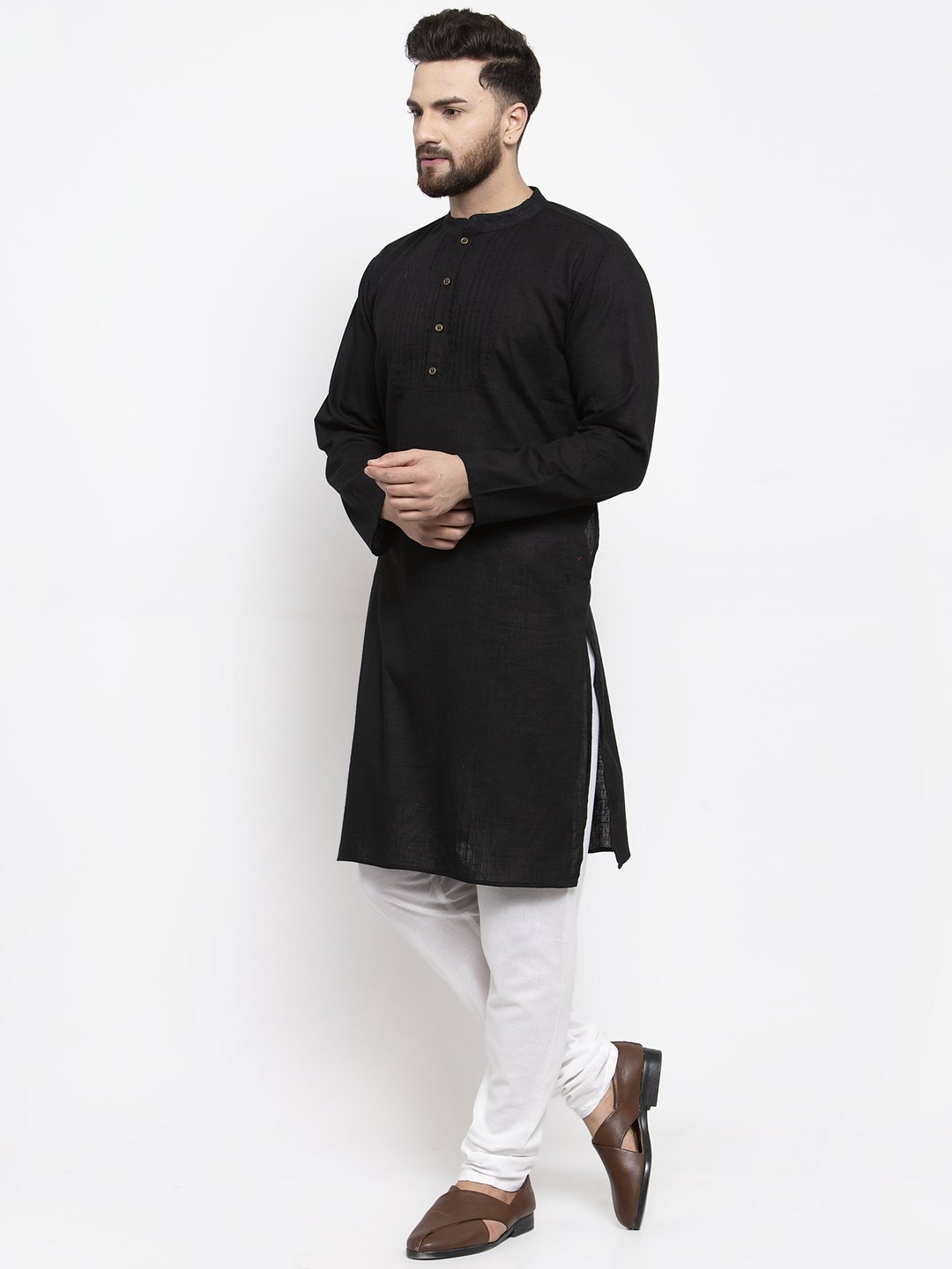 Jompers Men Black & White Solid Pin-tucks Kurta Only