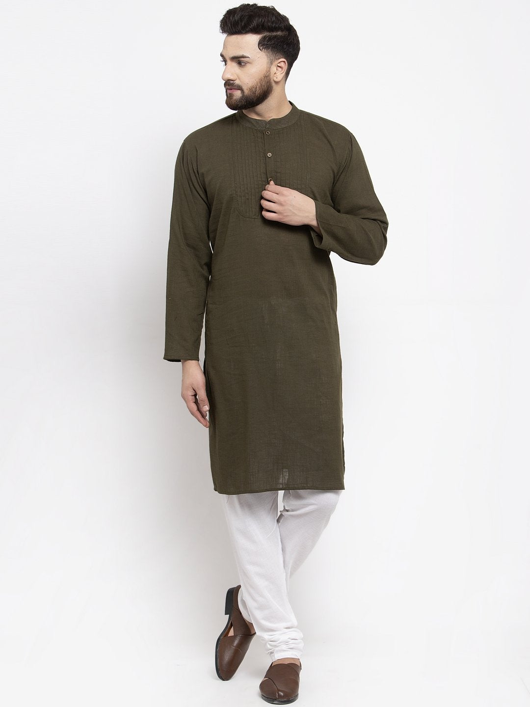 Jompers Men Olive-Green & White Solid Pin-tucks Kurta with Churidar