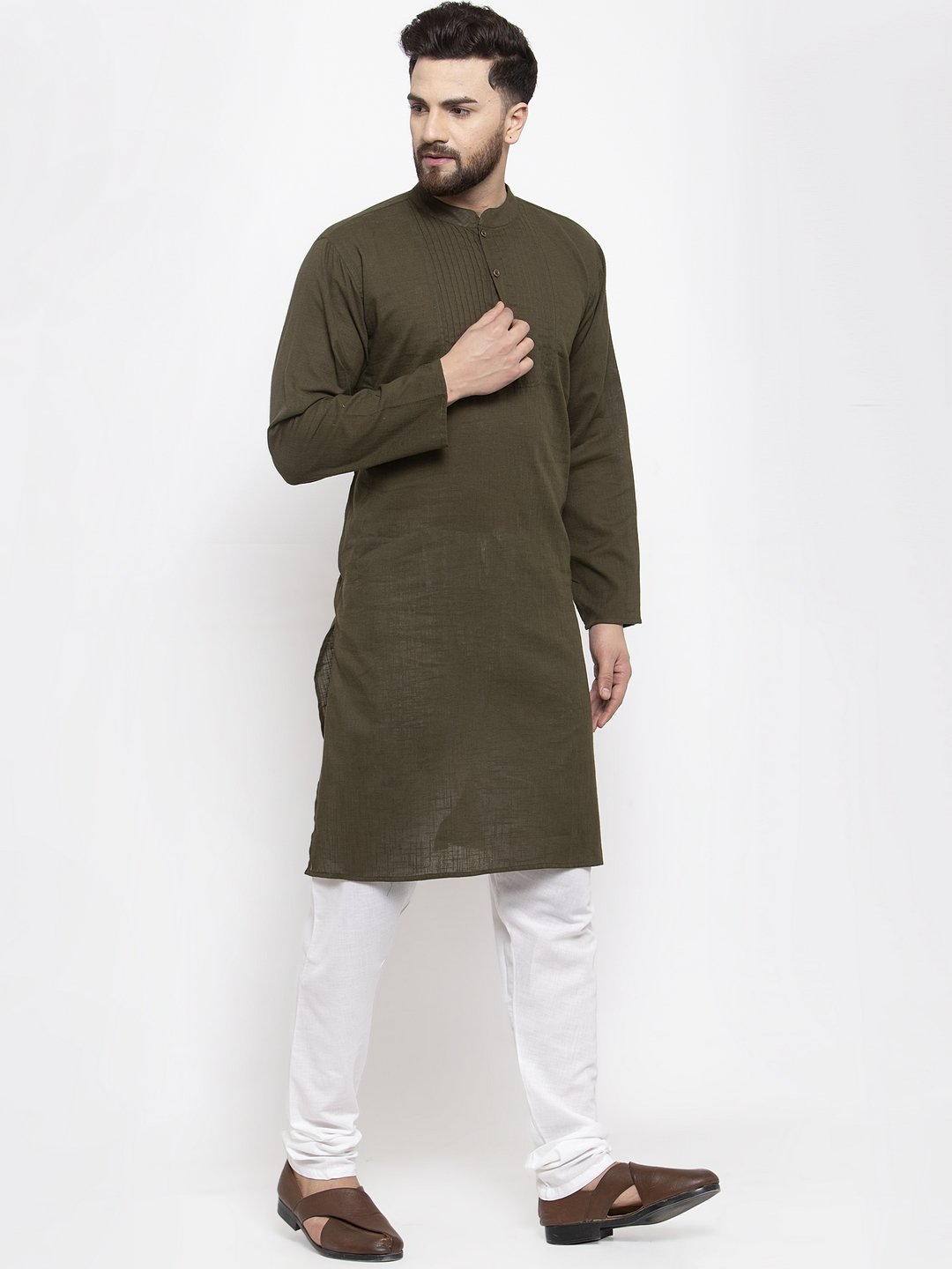 Jompers Men Olive-Green & White Solid Pin-tucks Kurta Only
