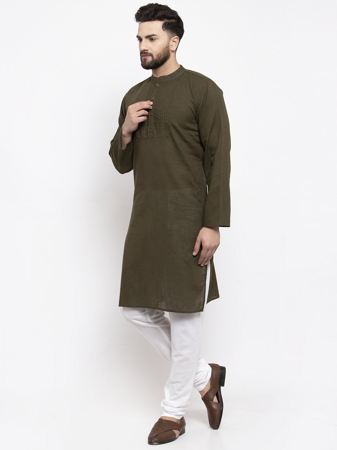 Jompers Men Olive-Green & White Solid Pin-tucks Kurta Only