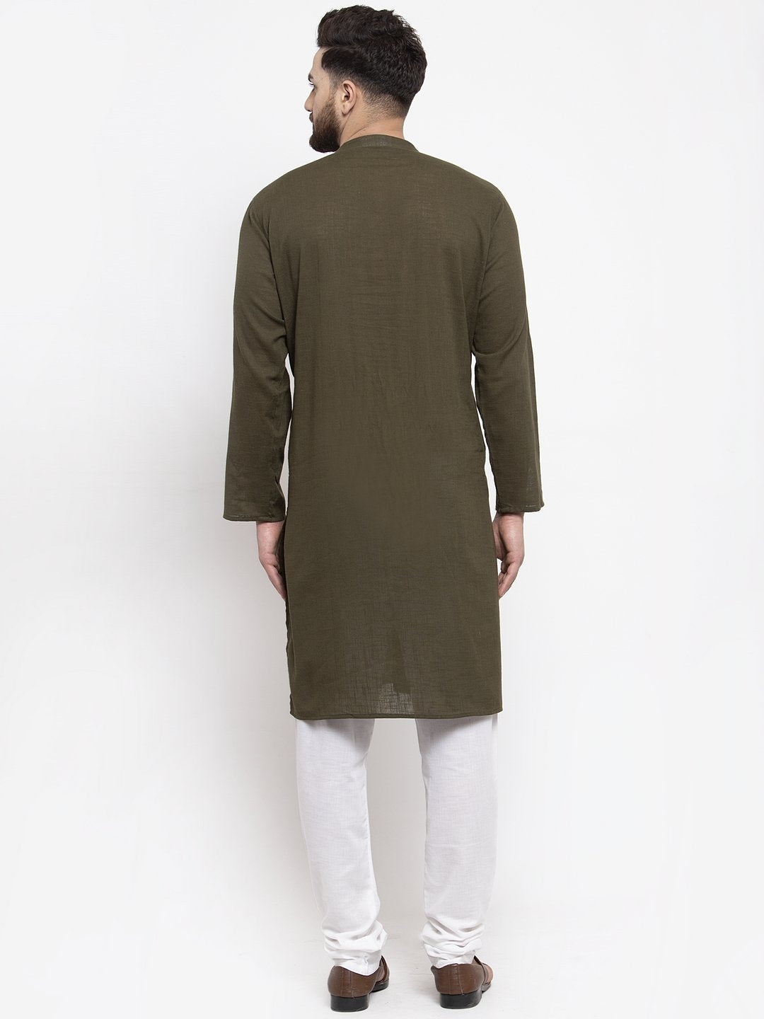 Jompers Men Olive-Green & White Solid Pin-tucks Kurta Only