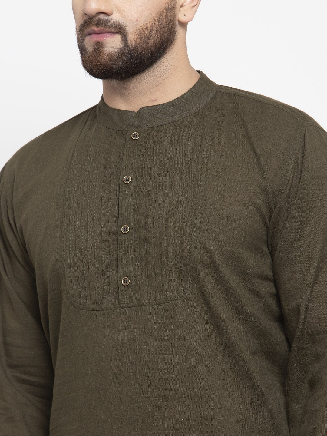 Jompers Men Olive-Green & White Solid Pin-tucks Kurta with Churidar