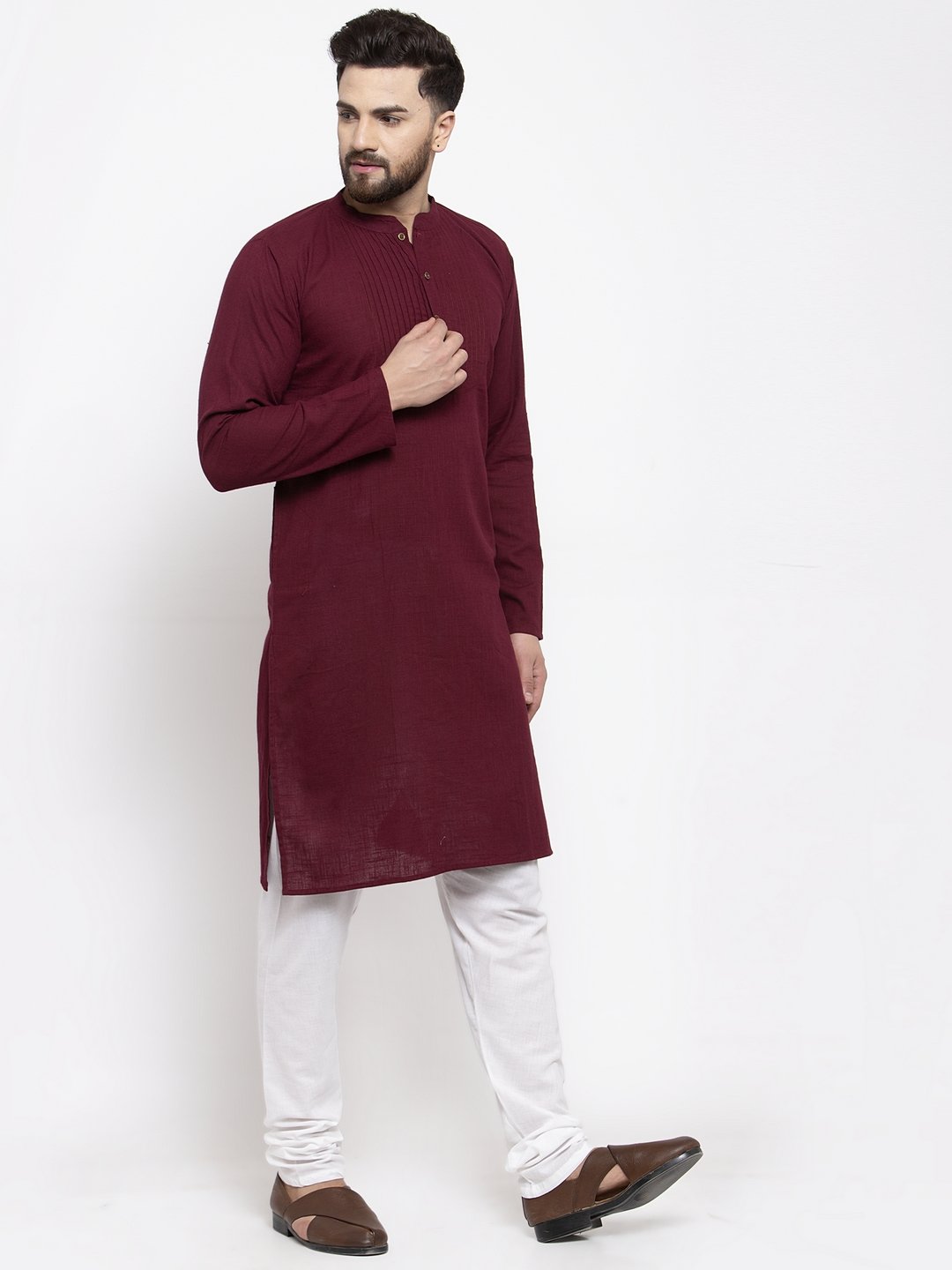 Jompers Men Purple & White Solid Pin-tucks Kurta Only