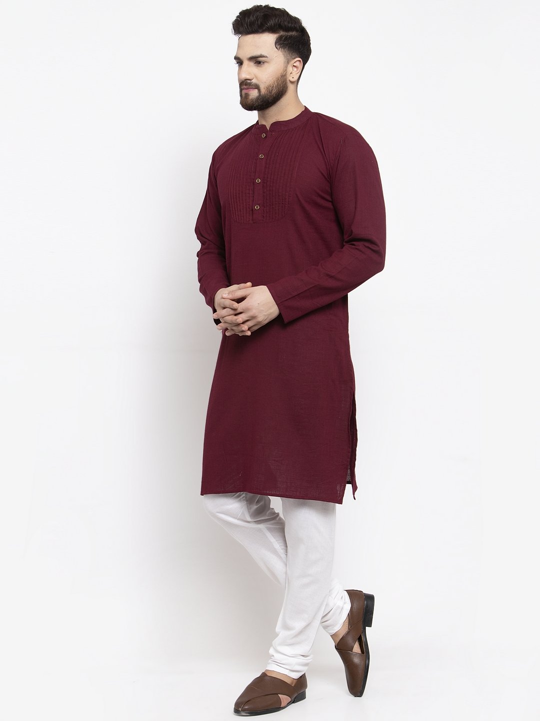 Jompers Men Purple & White Solid Pin-tucks Kurta Only