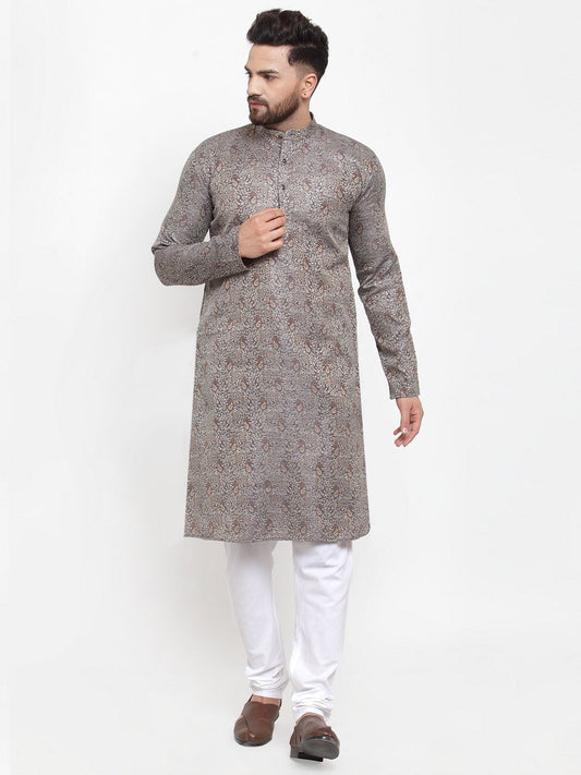 Jompers Men Grey & White Woven Design Kurta with Churidar