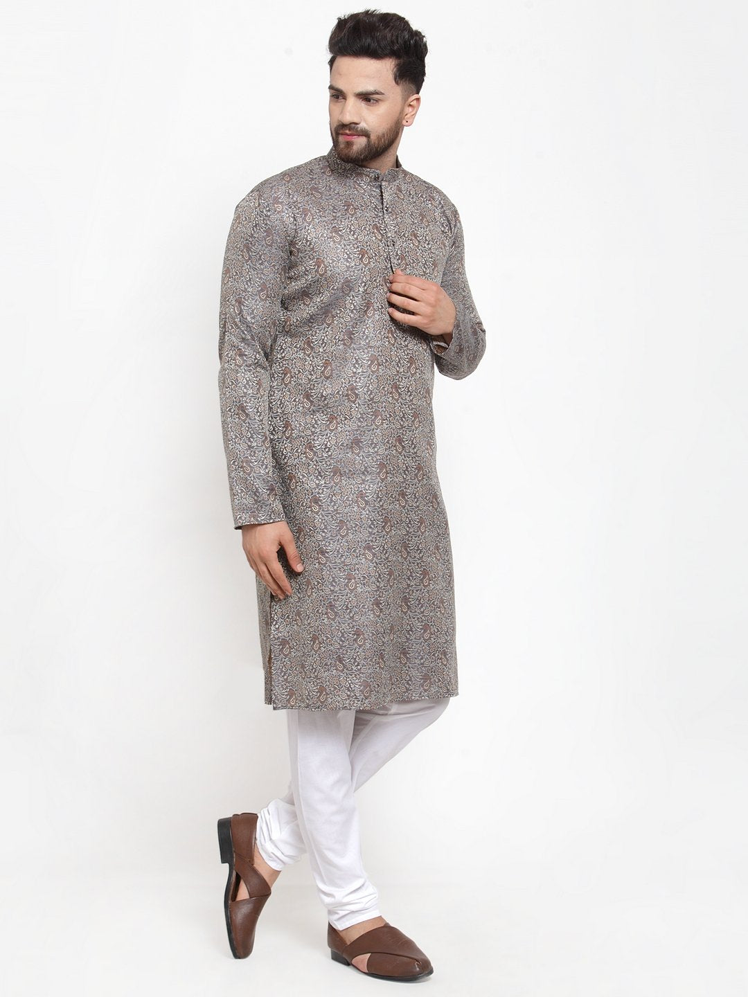 Jompers Men Grey & White Woven Design Kurta with Churidar
