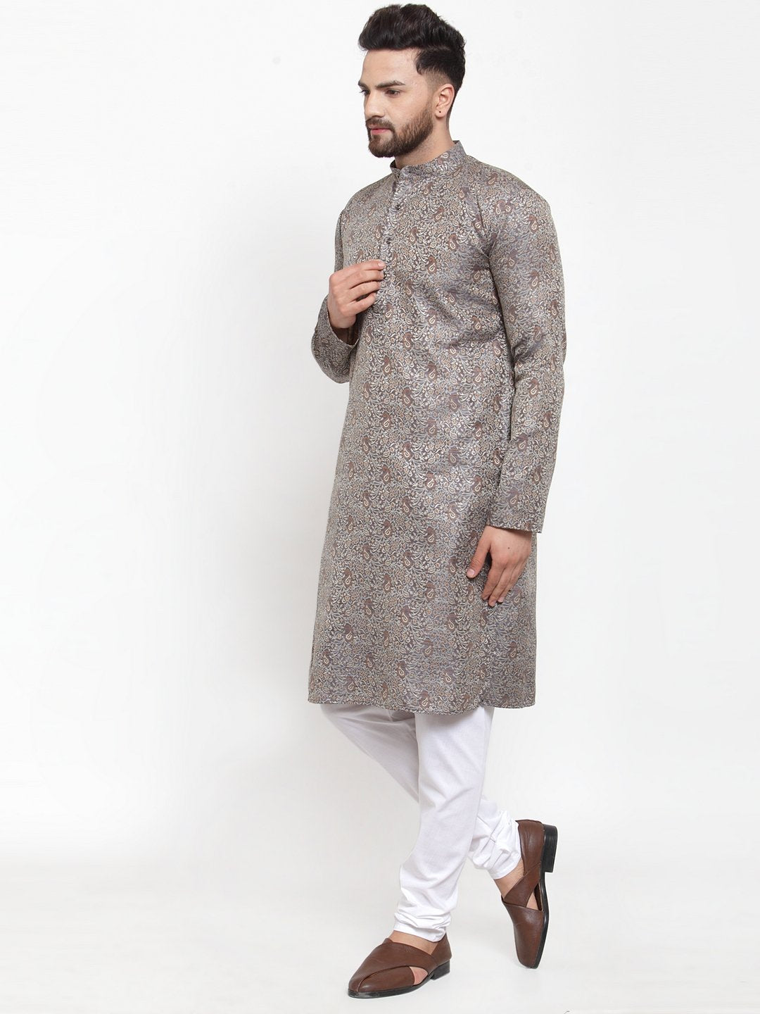 Jompers Men Grey & White Woven Design Kurta with Churidar