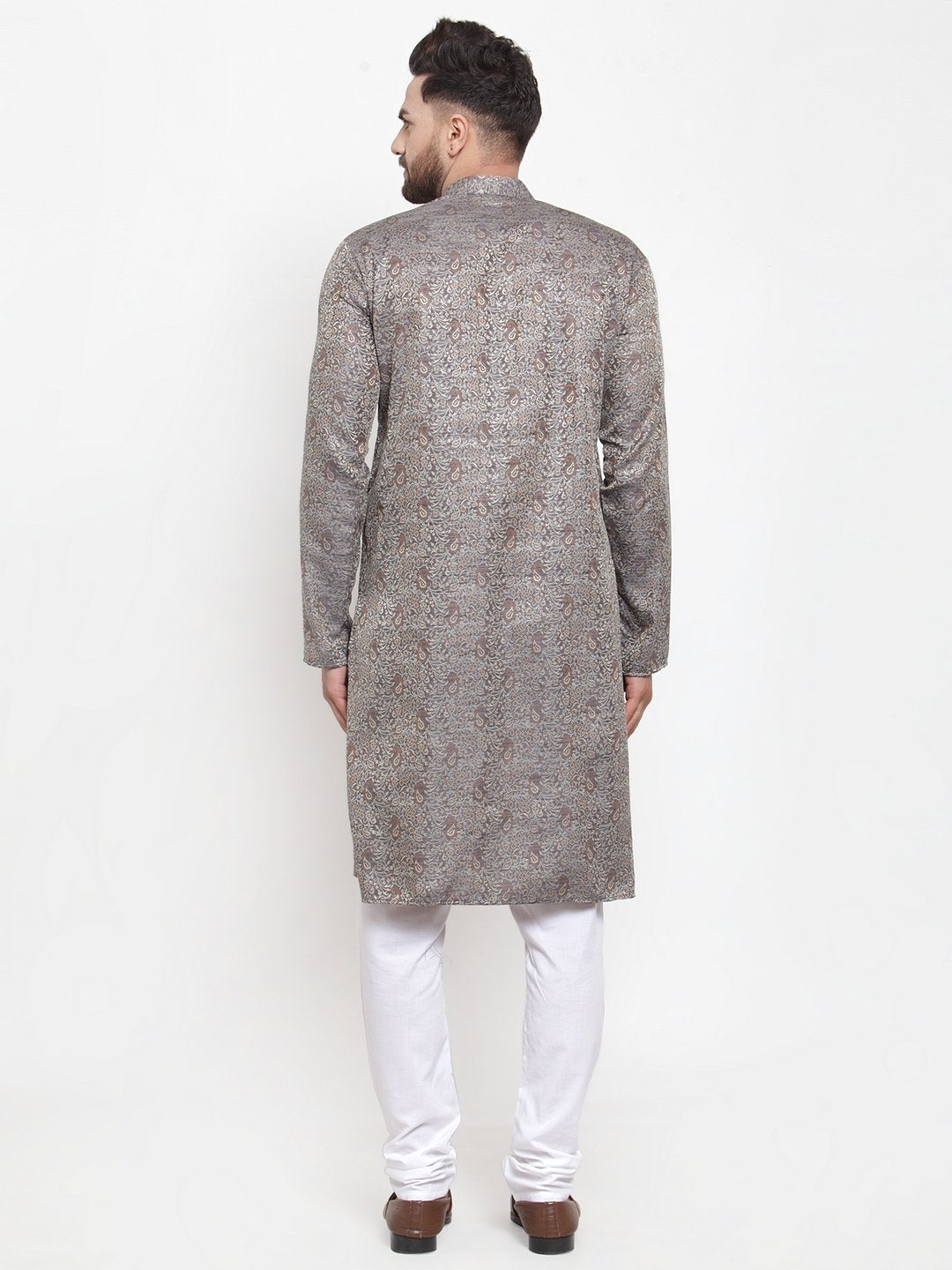Jompers Men Grey & White Woven Design Kurta with Churidar