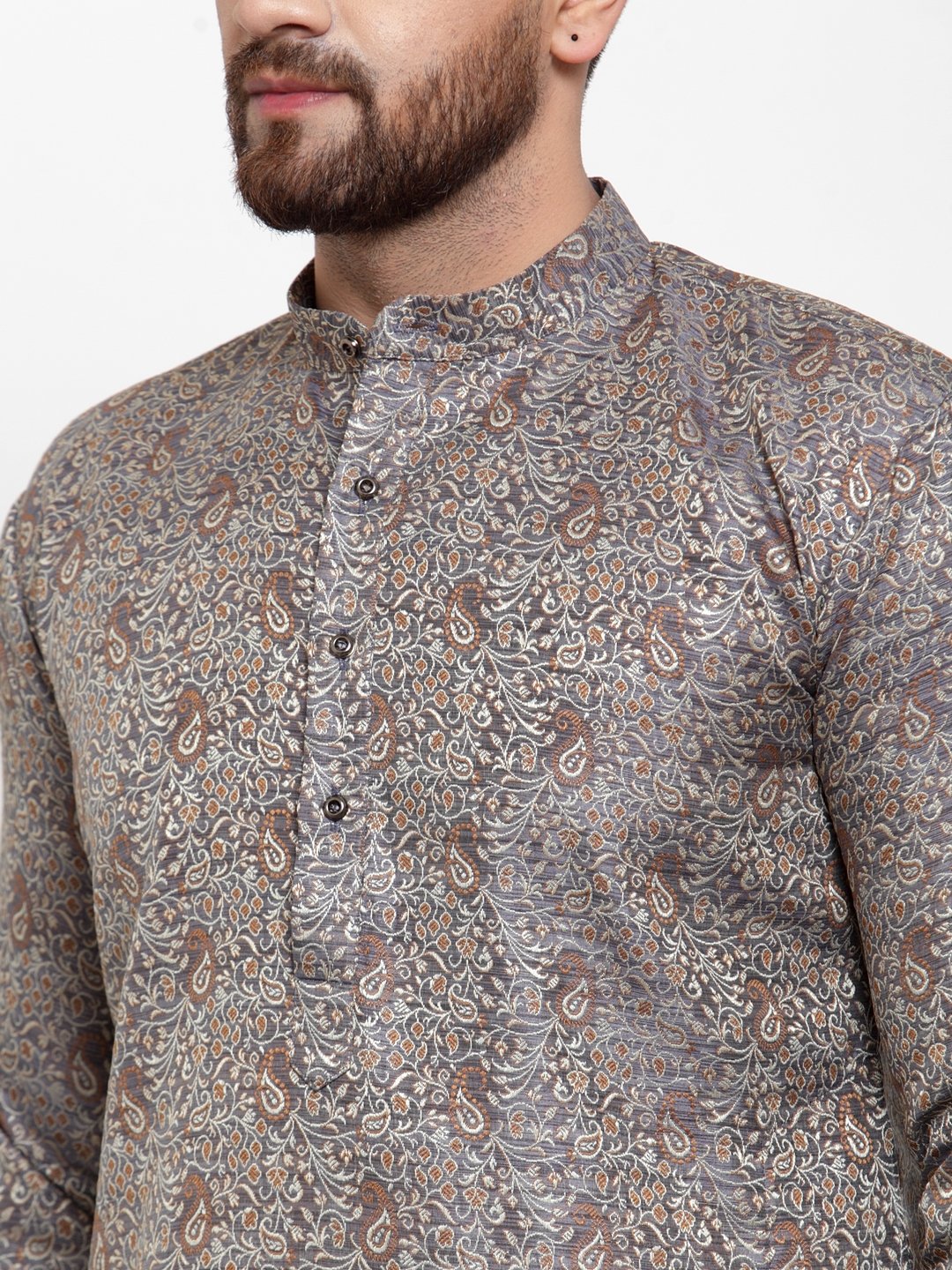 Jompers Men Grey & White Woven Design Kurta with Churidar