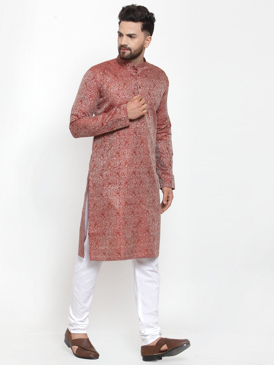 Jompers Men Maroon & White Woven Design Kurta with Churidar
