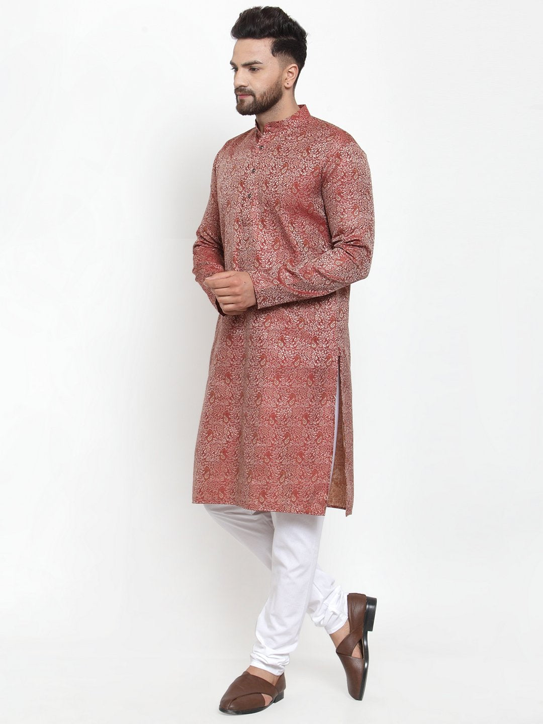 Jompers Men Maroon & White Woven Design Kurta with Churidar
