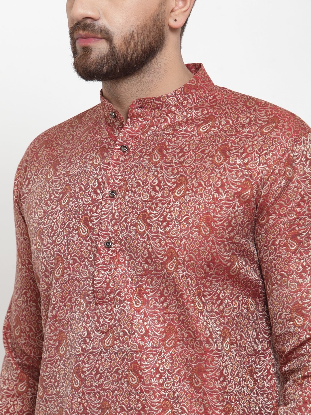 Jompers Men Maroon & White Woven Design Kurta with Churidar