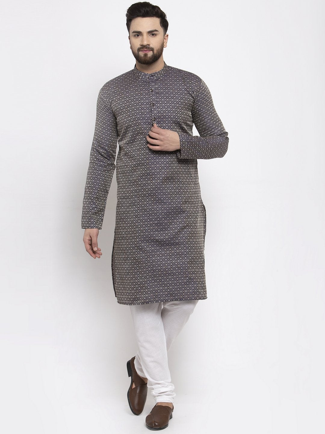 Jompers Men Navy-Blue & White Woven Design Kurta Only