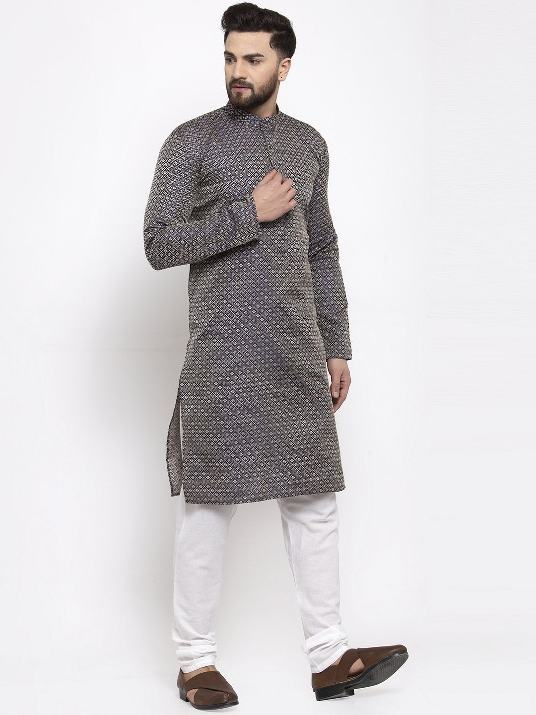 Jompers Men Navy-Blue & White Woven Design Kurta Only