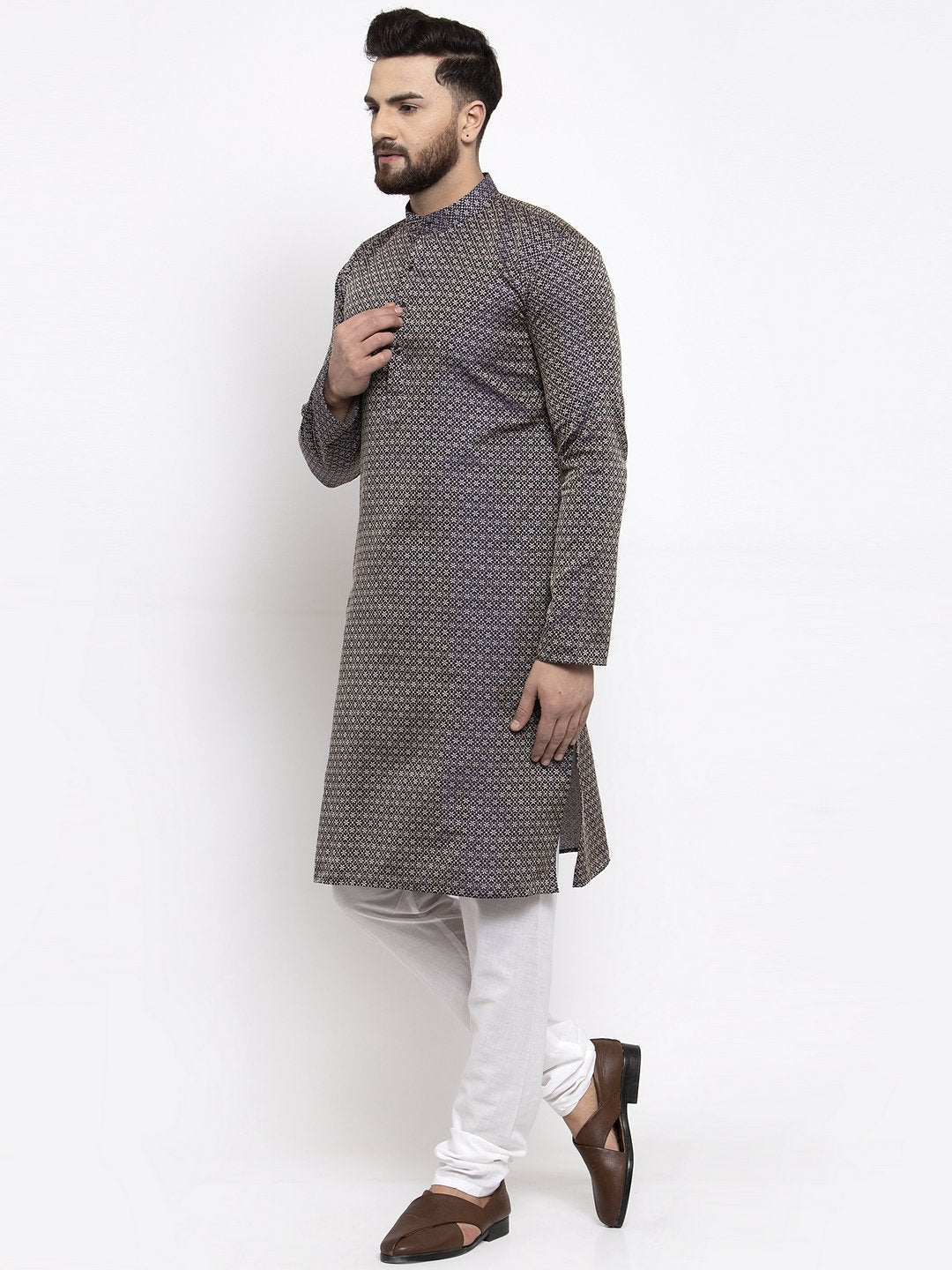 Jompers Men Navy-Blue & White Woven Design Kurta Only
