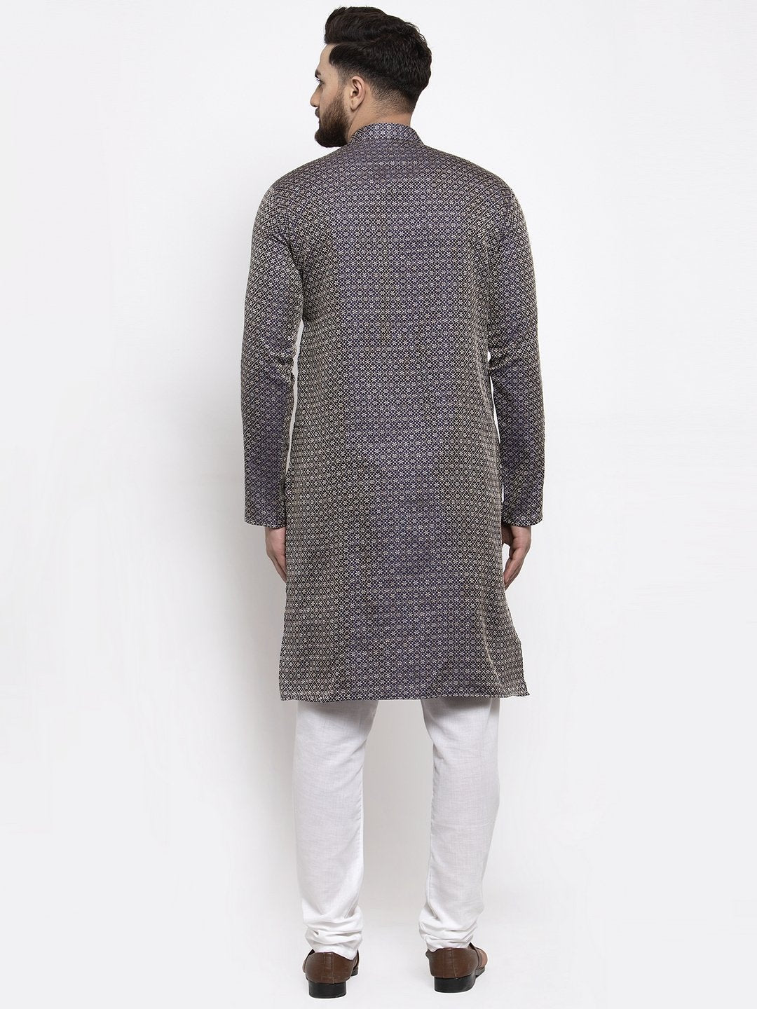 Jompers Men Navy-Blue & White Woven Design Kurta Only
