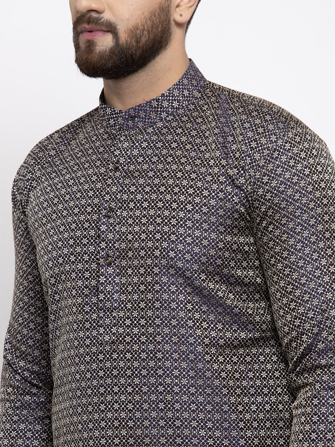 Jompers Men Navy-Blue & White Woven Design Kurta with Churidar