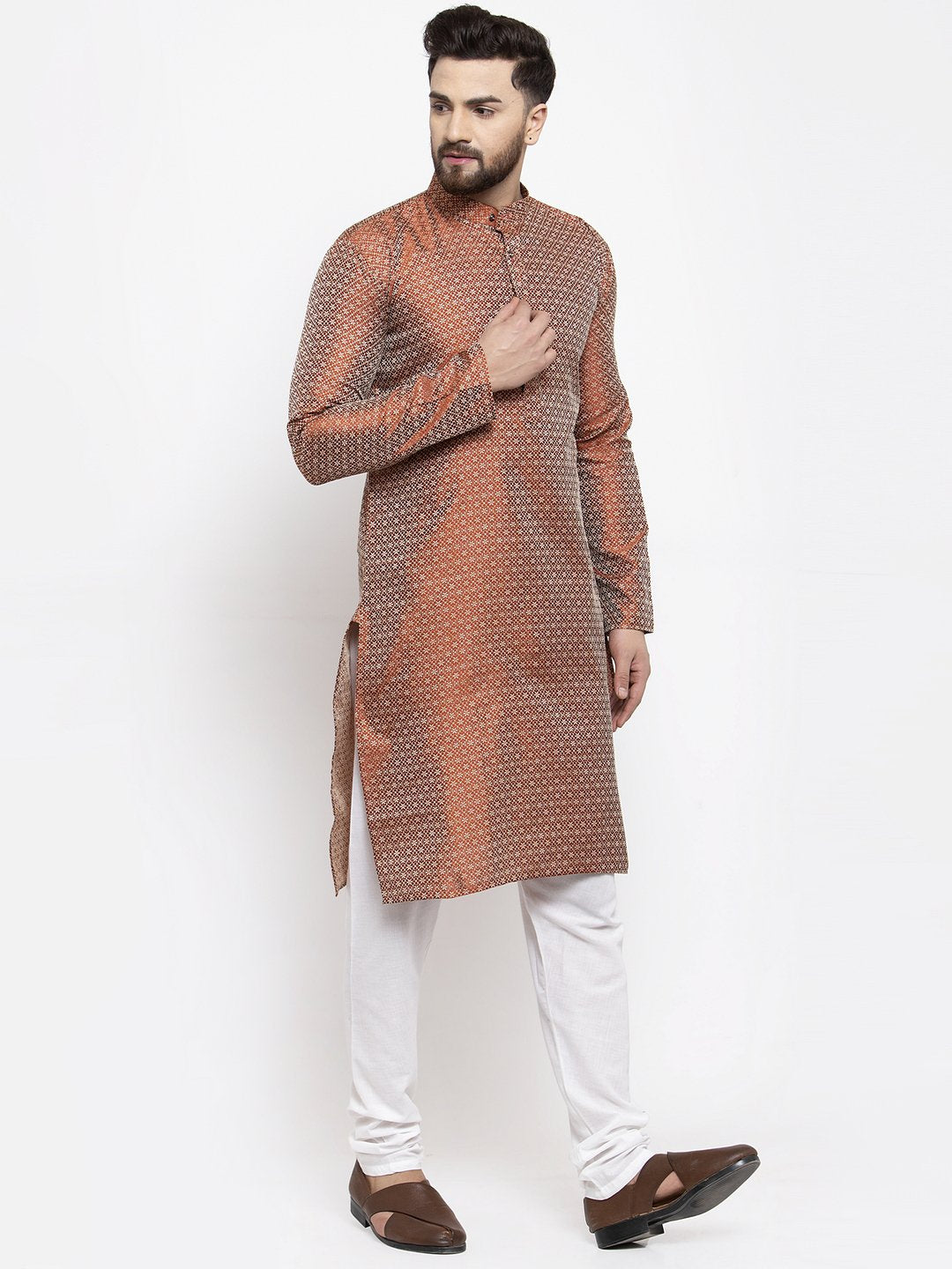 Jompers Men Orange & White Woven Design Kurta with Churidar