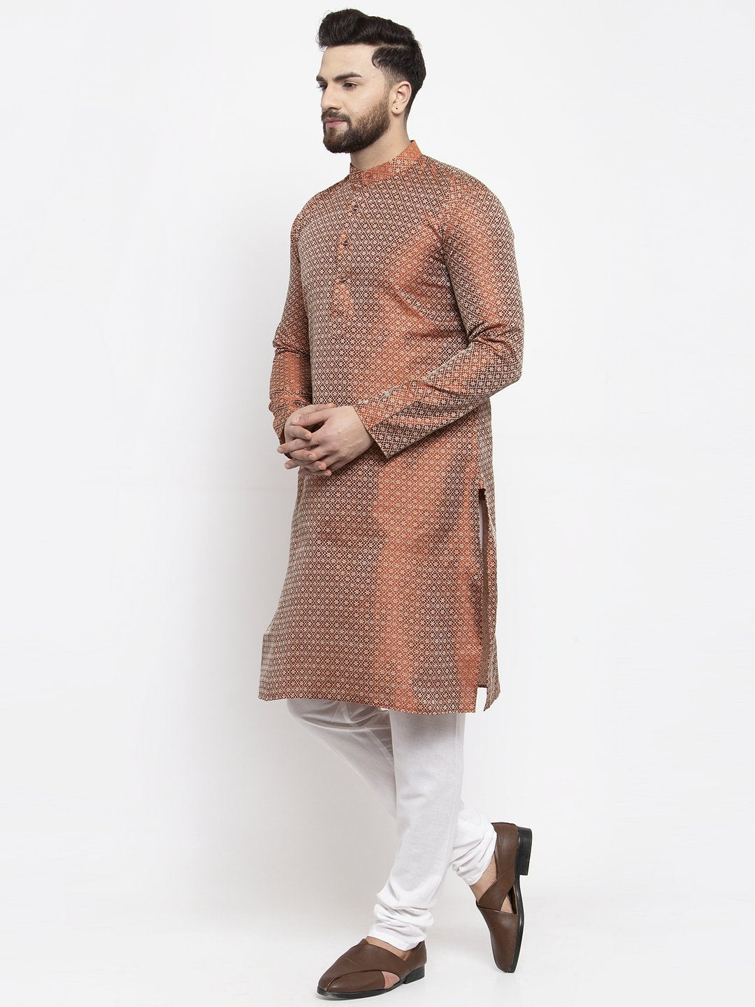 Jompers Men Orange & White Woven Design Kurta with Churidar