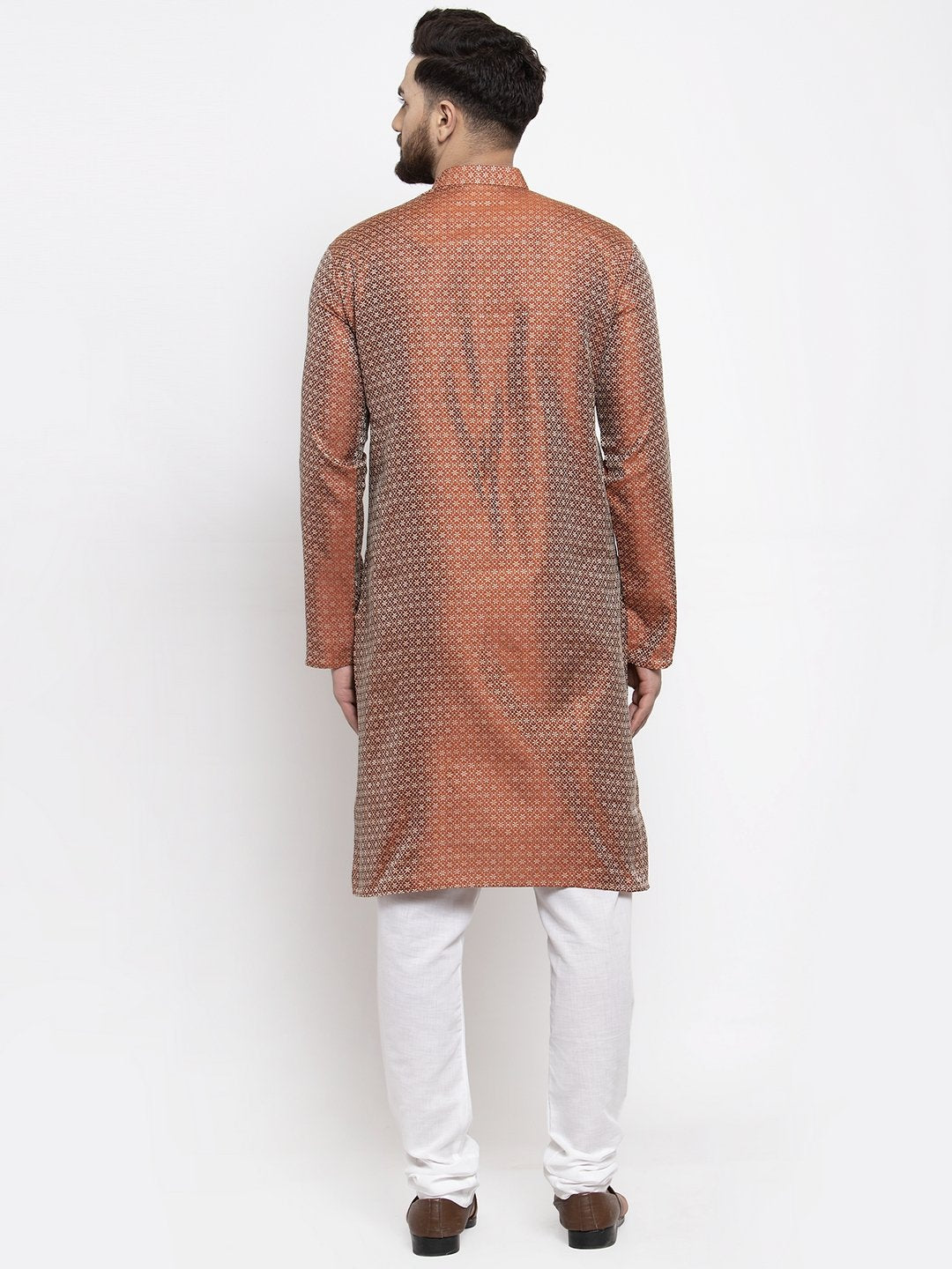 Jompers Men Orange & White Woven Design Kurta with Churidar