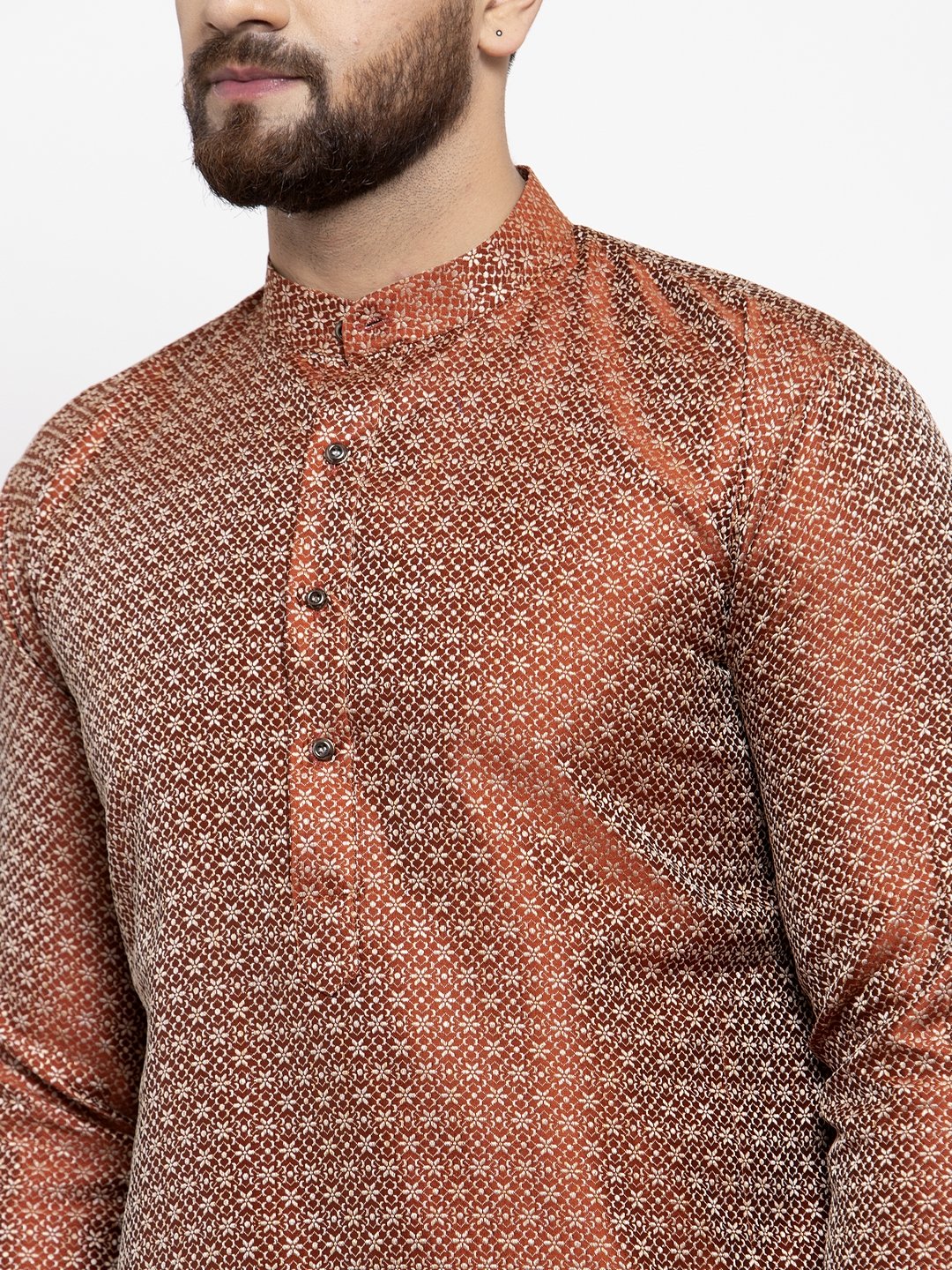 Jompers Men Orange & White Woven Design Kurta with Churidar