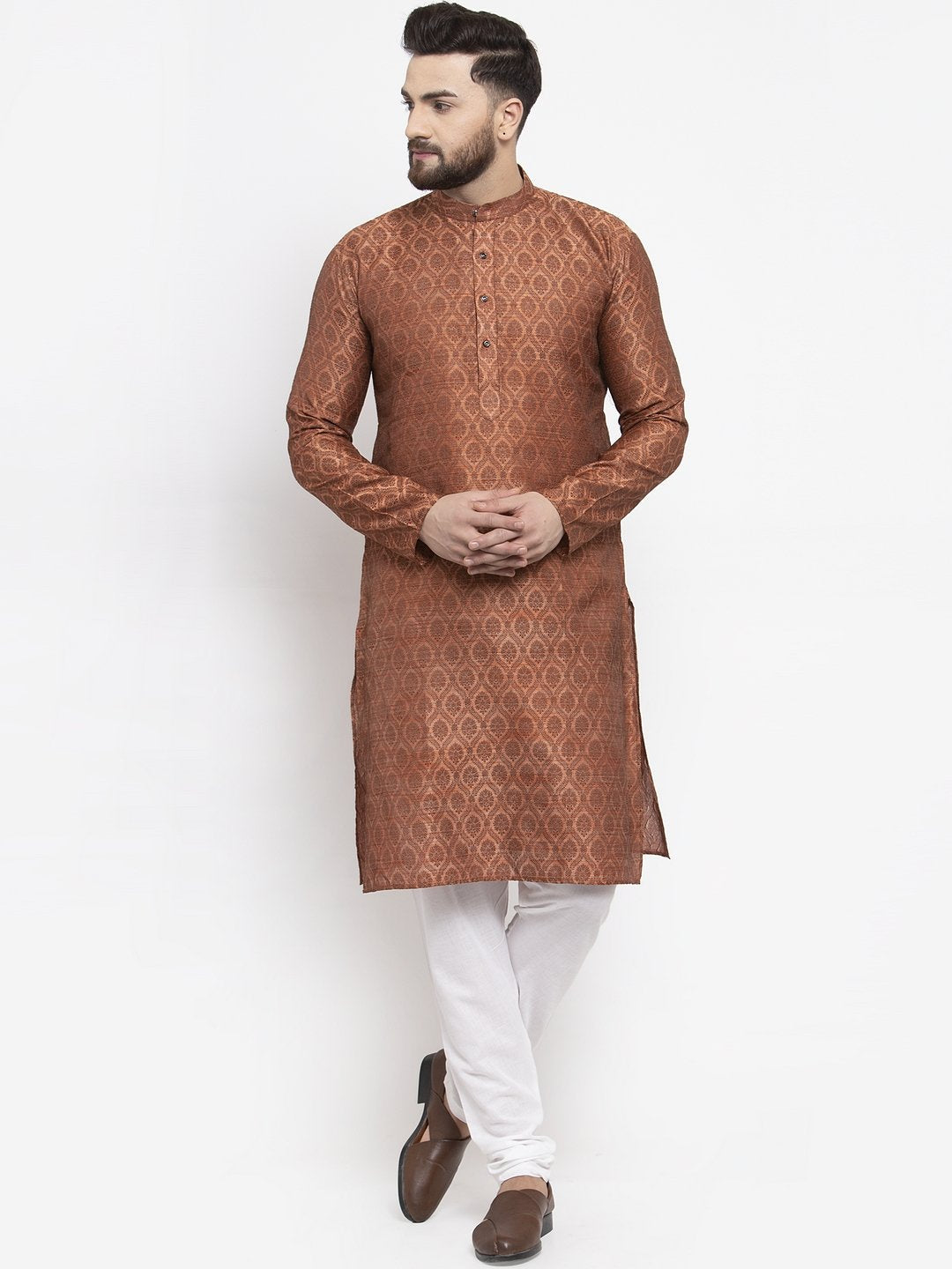 Jompers Men Brown & Grey Jacquard Kurta Only