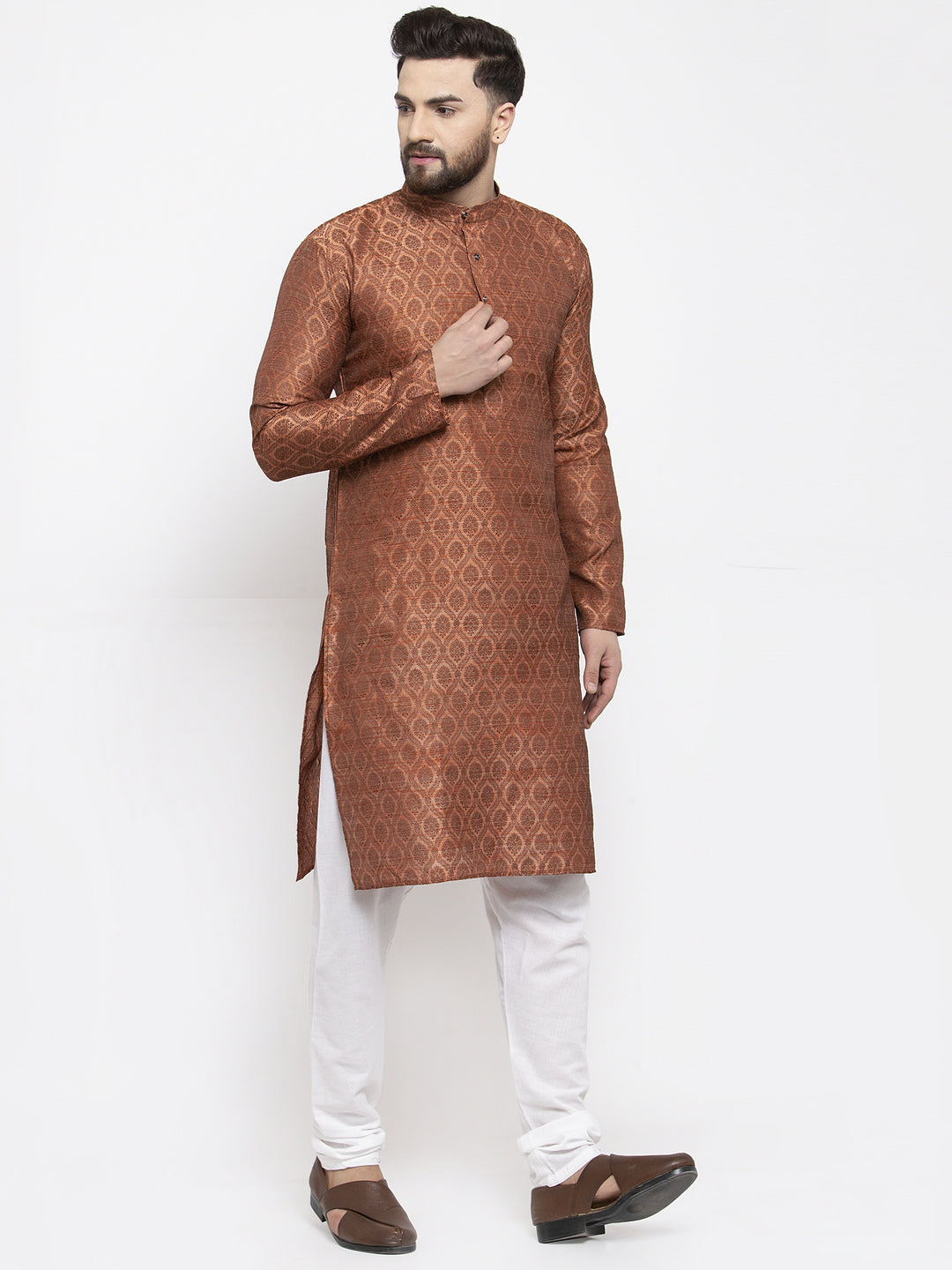 Jompers Men Brown & Grey Jacquard Kurta with Churidar