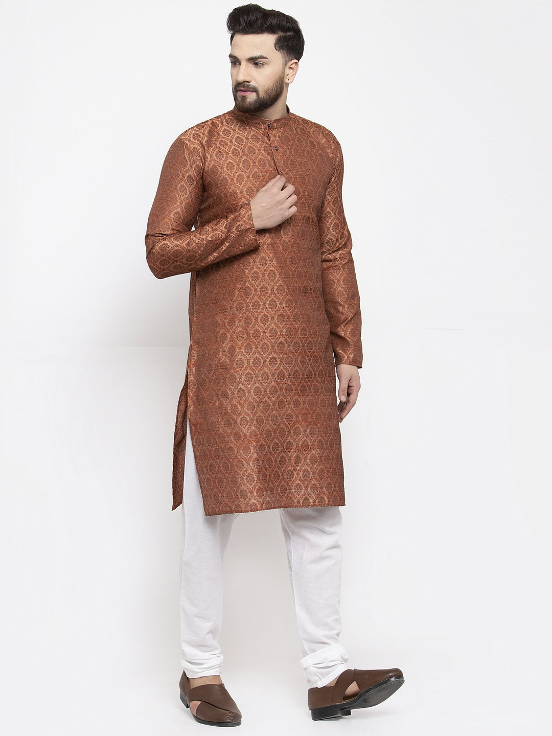 Jompers Men Brown & Grey Jacquard Kurta Only